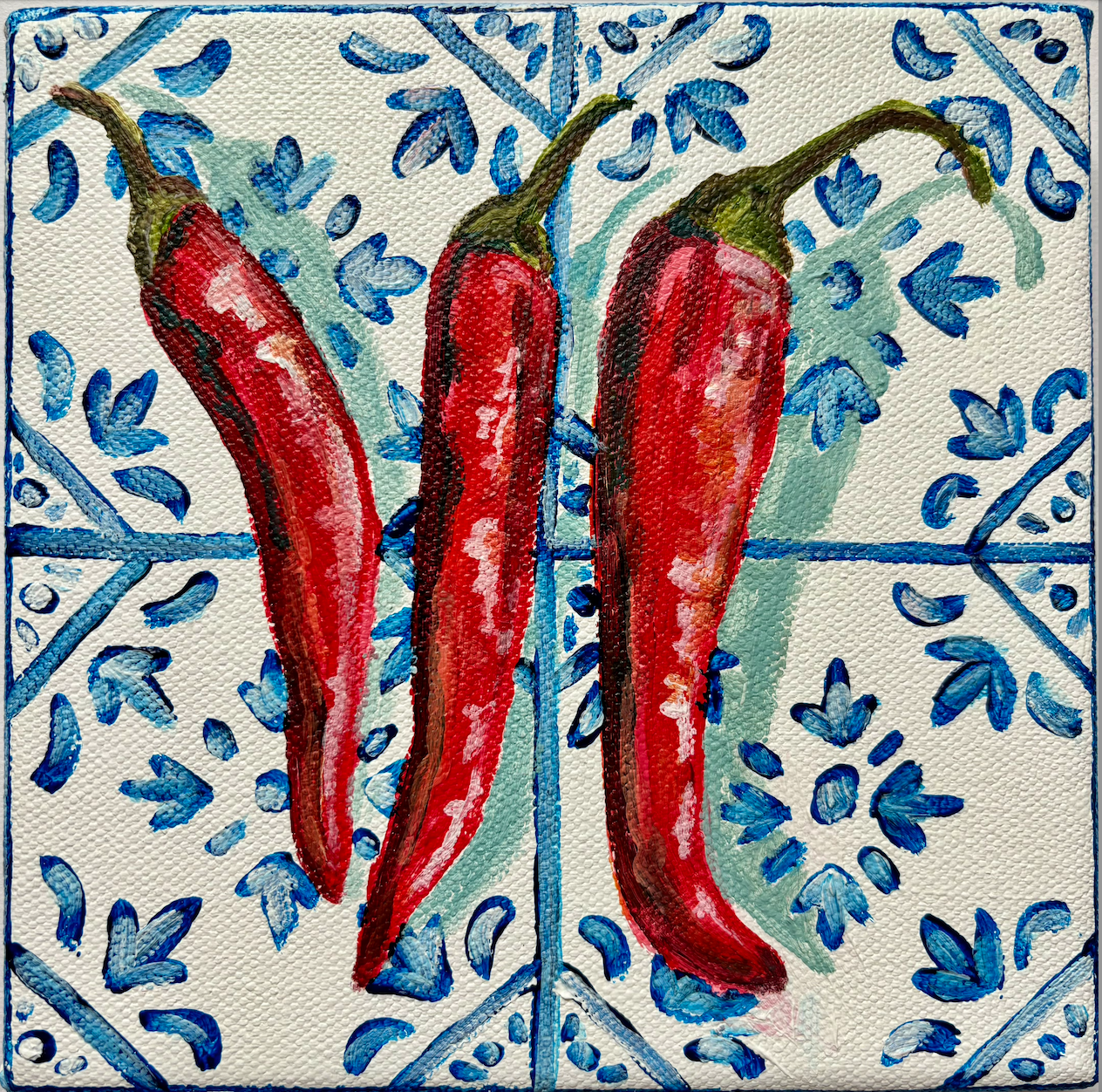 Three Chillis on Tiles by Pippa Smith
