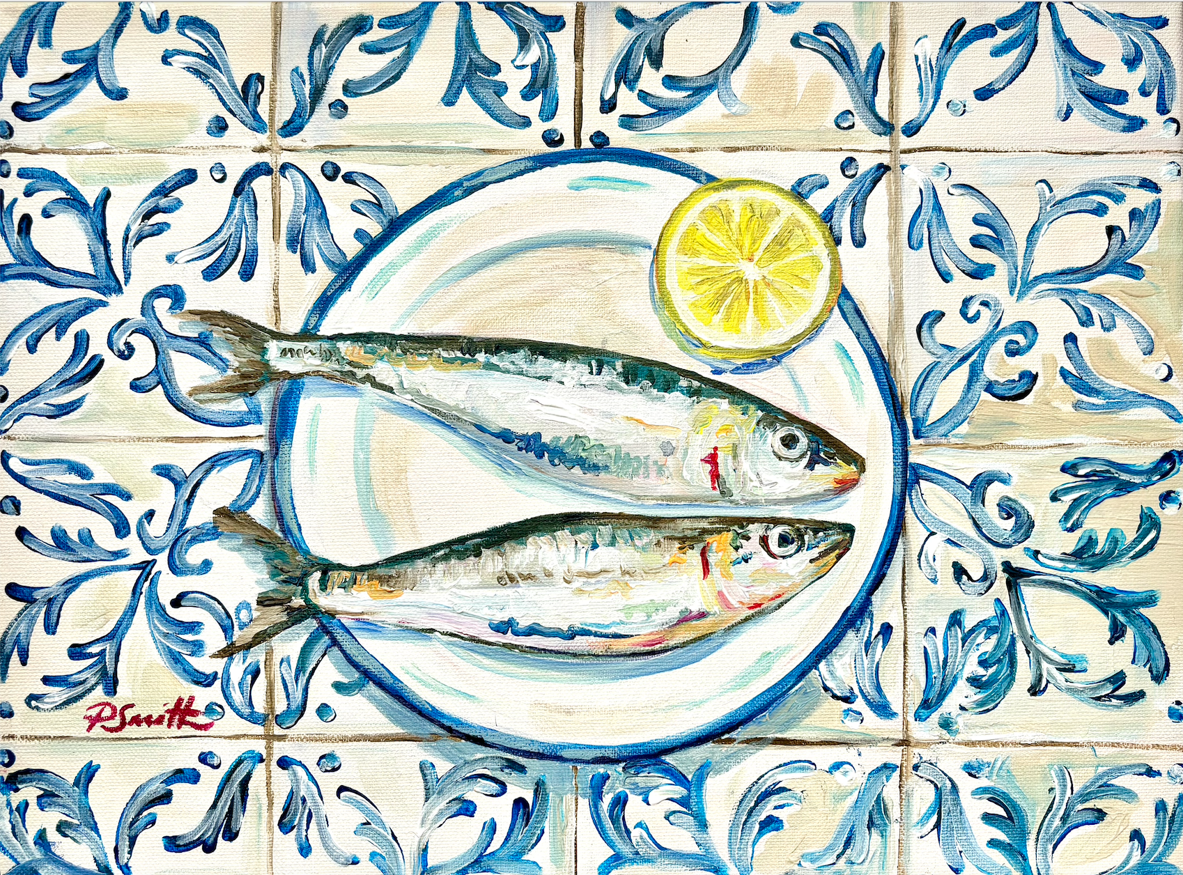 Two Sardines on Spanish Tiles by Pippa Smith
