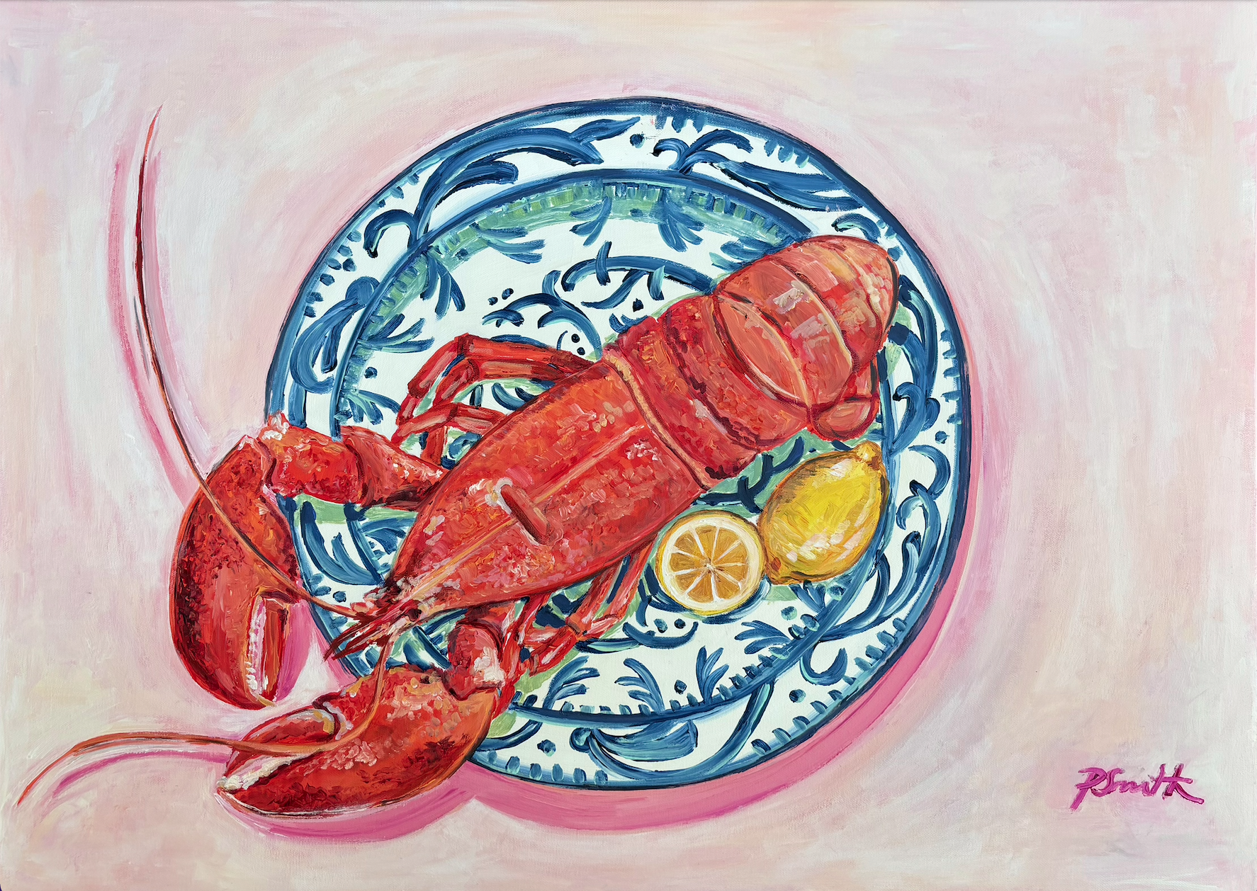 Large Lobster on Blue & White Plate by Pippa Smith