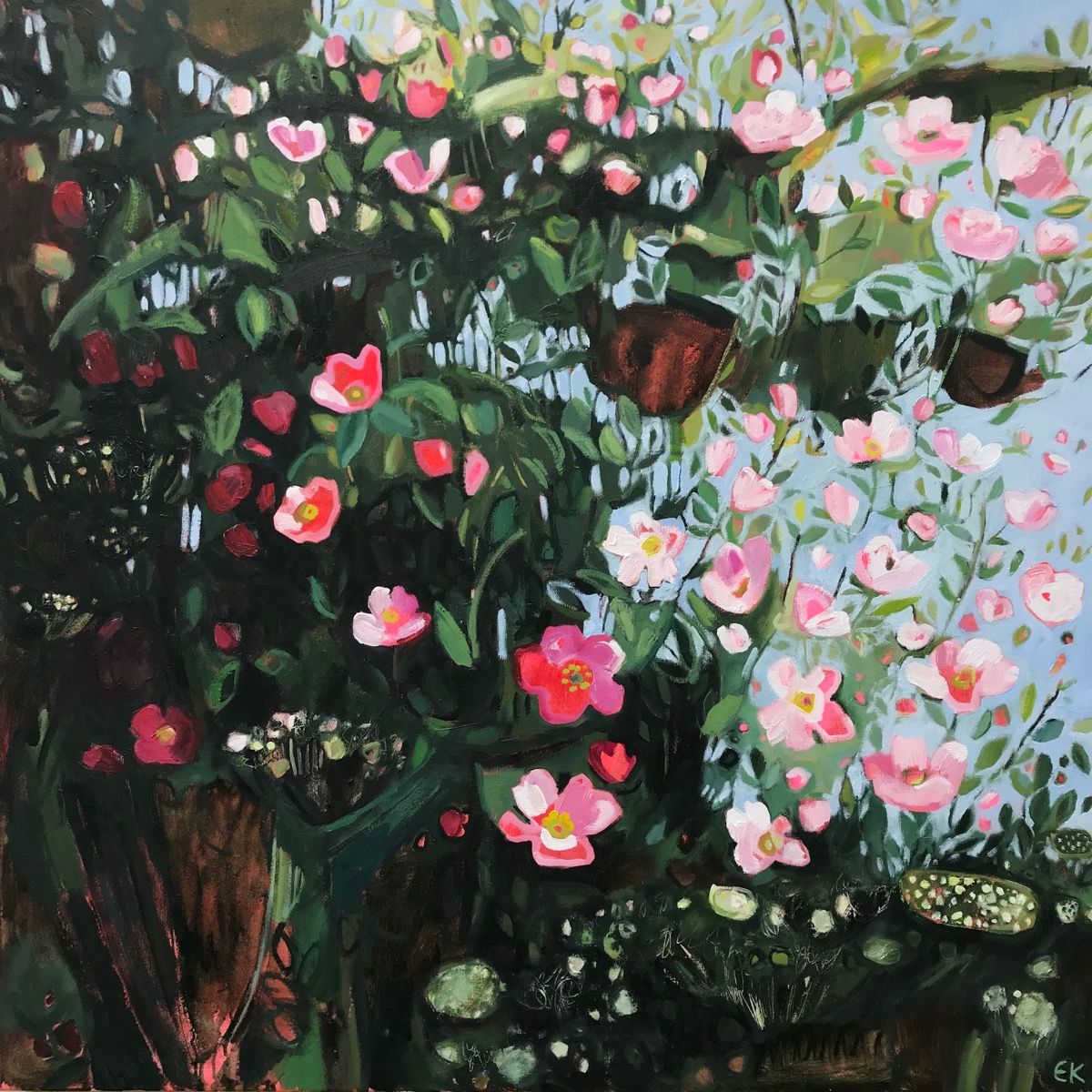 Catching the Sunshine, Hedgerow with Dog Roses by Elaine Kazimierczuk