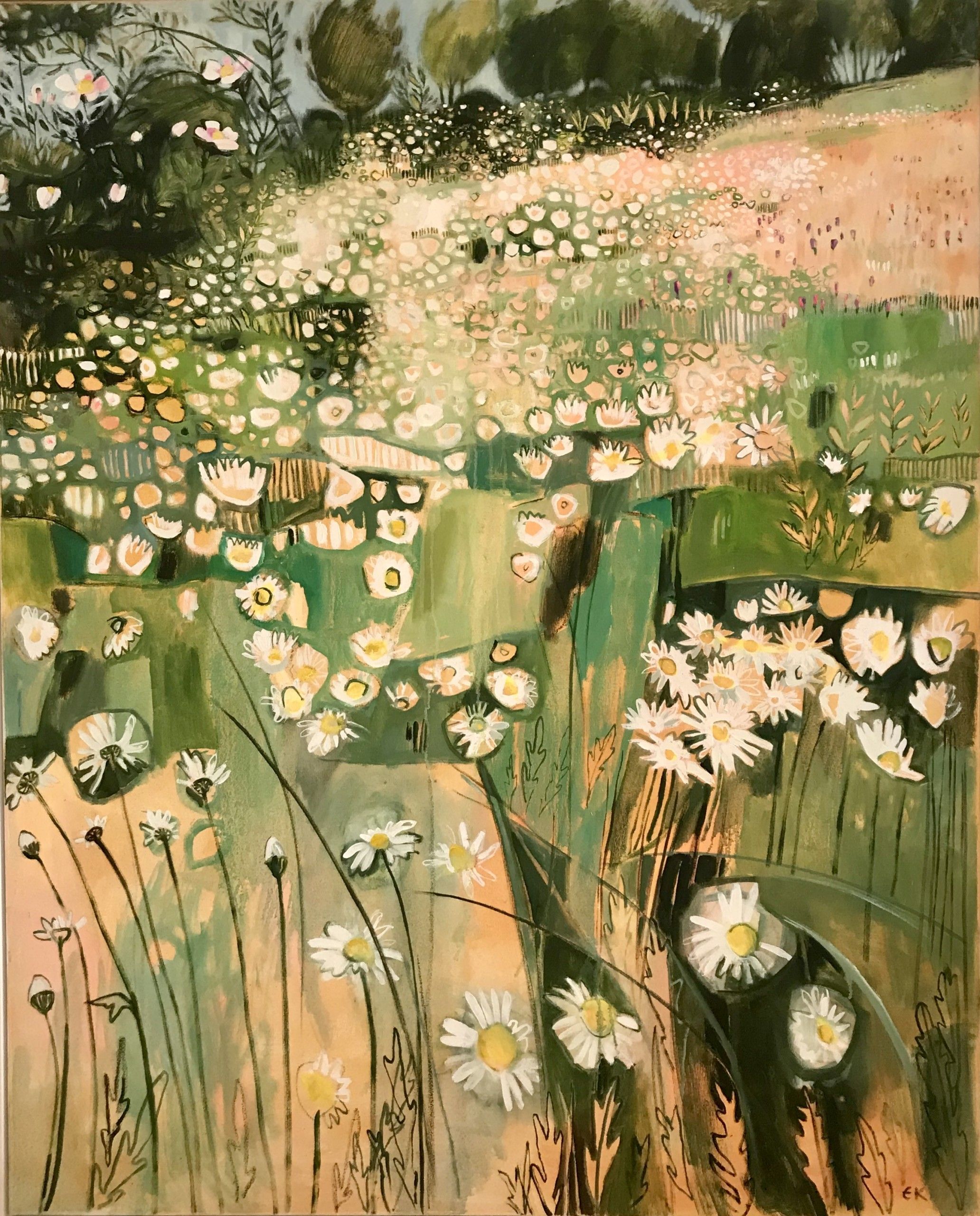Ox- Eye Daisies with Wild Roses by Elaine Kazimierczuk