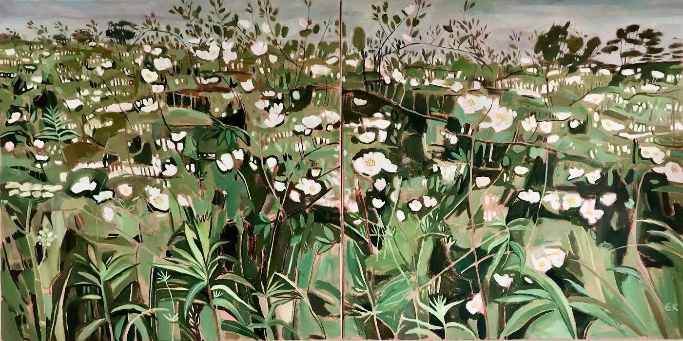 Summer Hedgerow with Dog Roses by Elaine Kazimierczuk