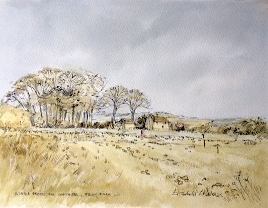 Winter Trees and Cottage, Folly Farm by Elizabeth Chalmers