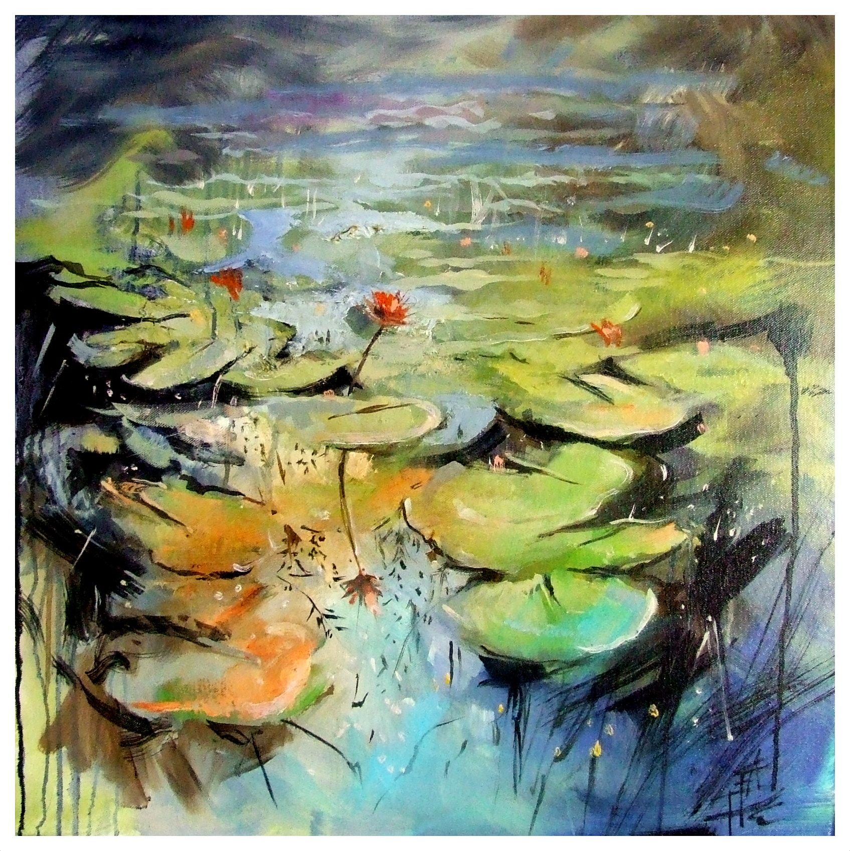 FLOWERING LILY PADS by Anne Farrall Doyle