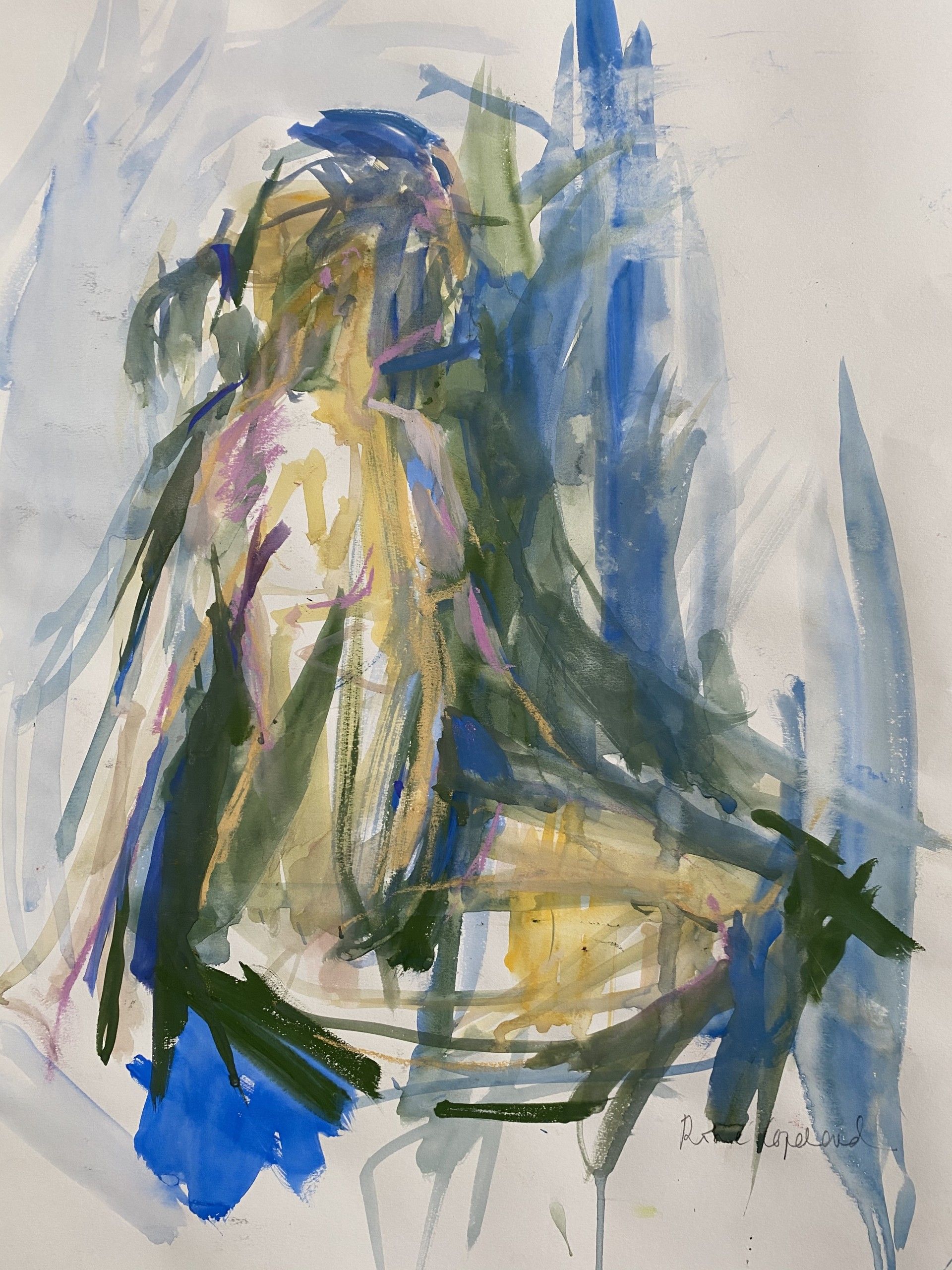 Sitting nude, green and blue by Rosie Copeland