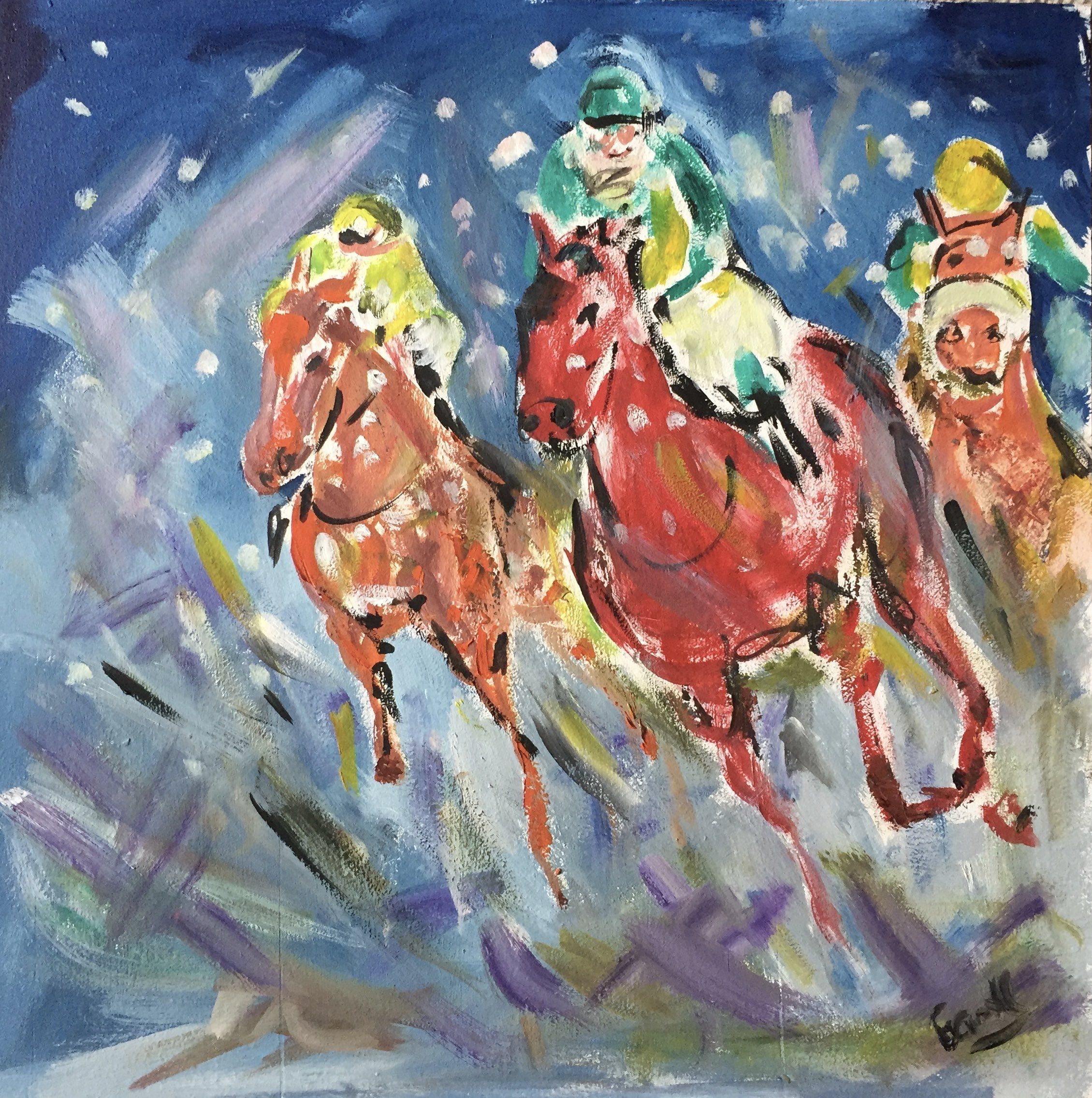 Snow Racing, Horse racing oil painting by Garth Bayley