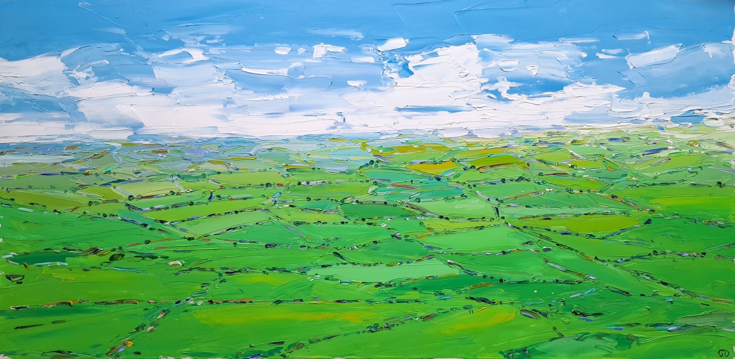 Patchwork fields in the summer by Georgie Dowling