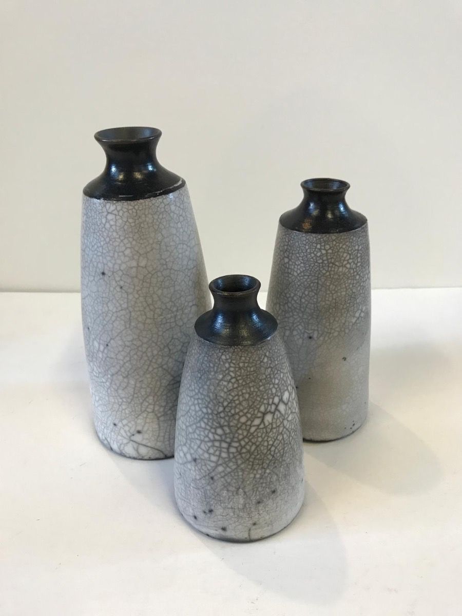 Three Naked Raku Pottery Grey Vases by Tamsin Levene