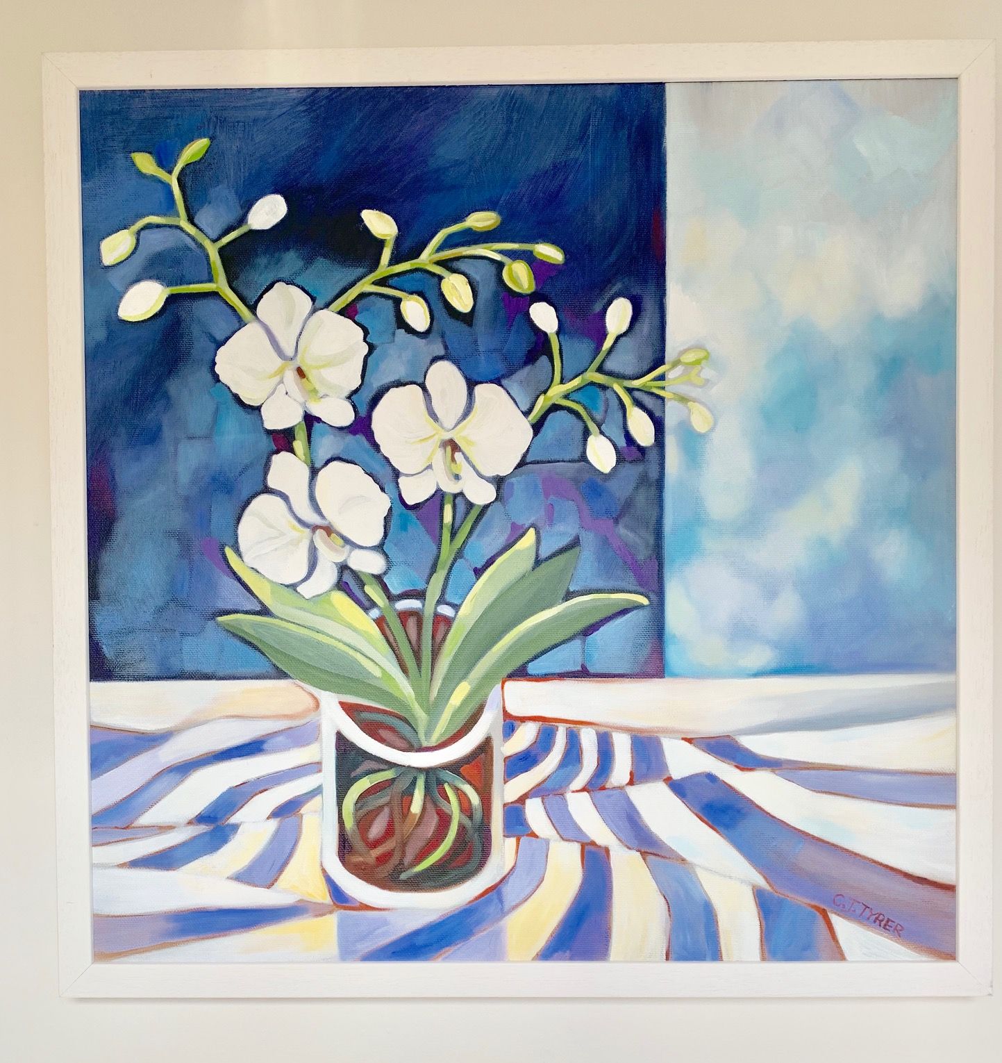Orchids and Blue Stripes by Carolyn Tryer