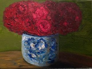 Red roses in Delft Pot by Henrietta Caledon