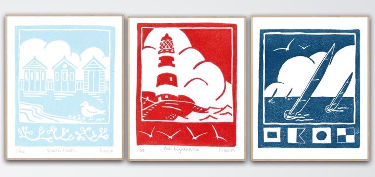 The Lighthouse, Beach Huts and Sailing Triptych by Fiona Carver