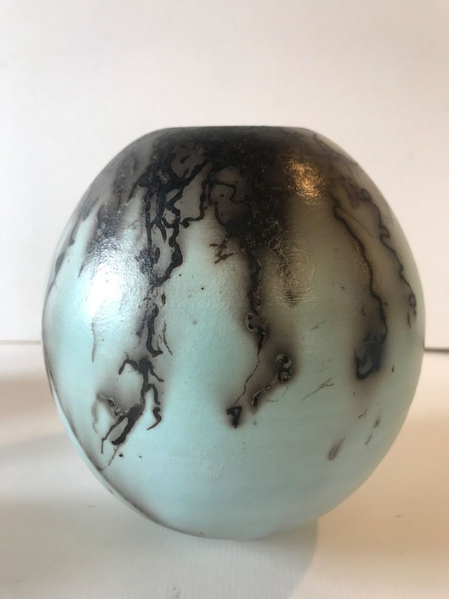 Duck Egg Blue Horse Hair Raku Ball Vase - Large by Tamsin Levene