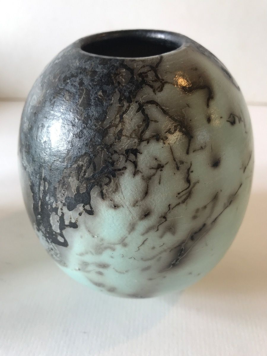 Duck Egg Blue Horse Hair Raku Ball Vase - Medium by Tamsin Levene