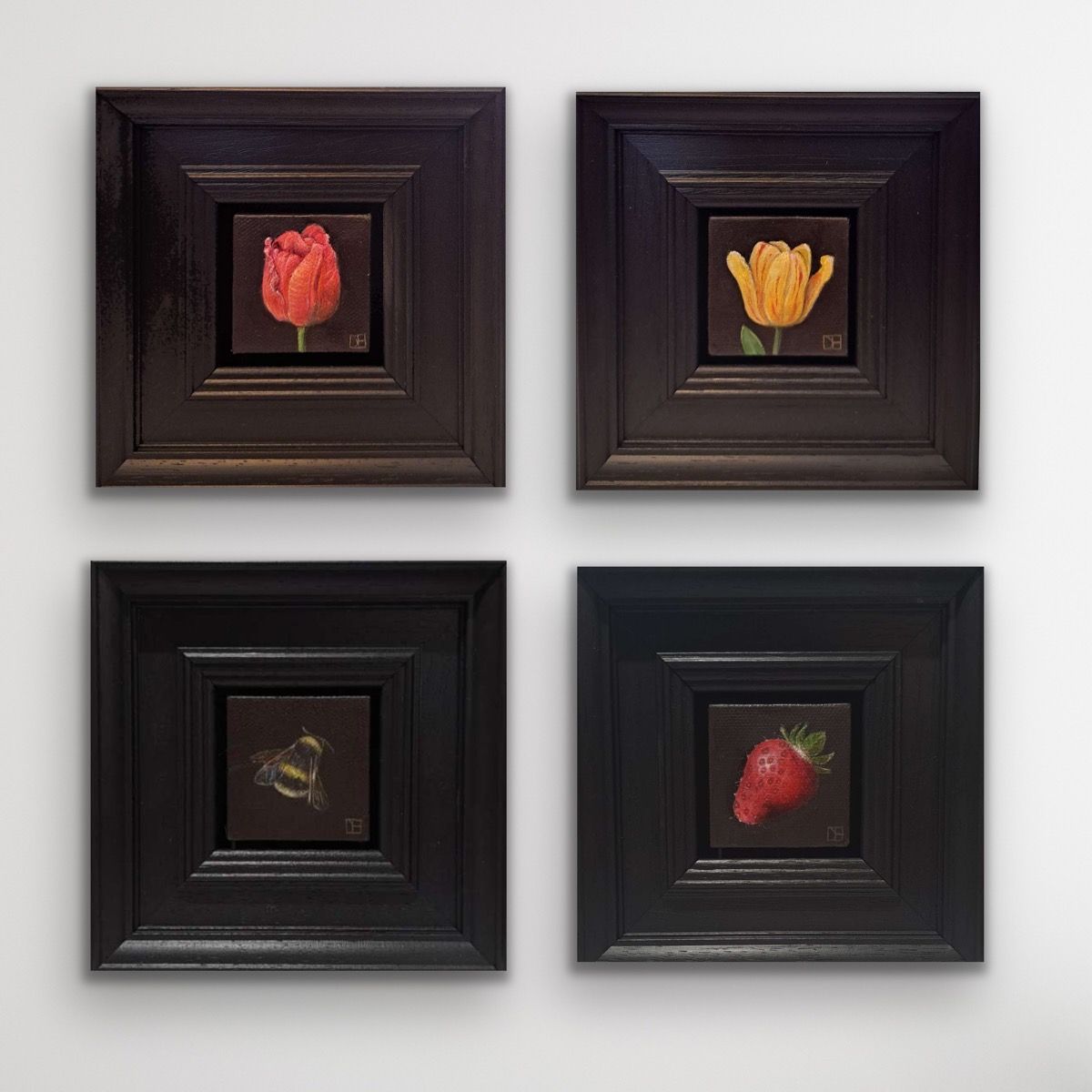 Quadtych of Pocket Striped Bellona Tulip, Very Ripe Strawberry, Veronique Tulip, Bumble Bee 3 by Dani Humberstone