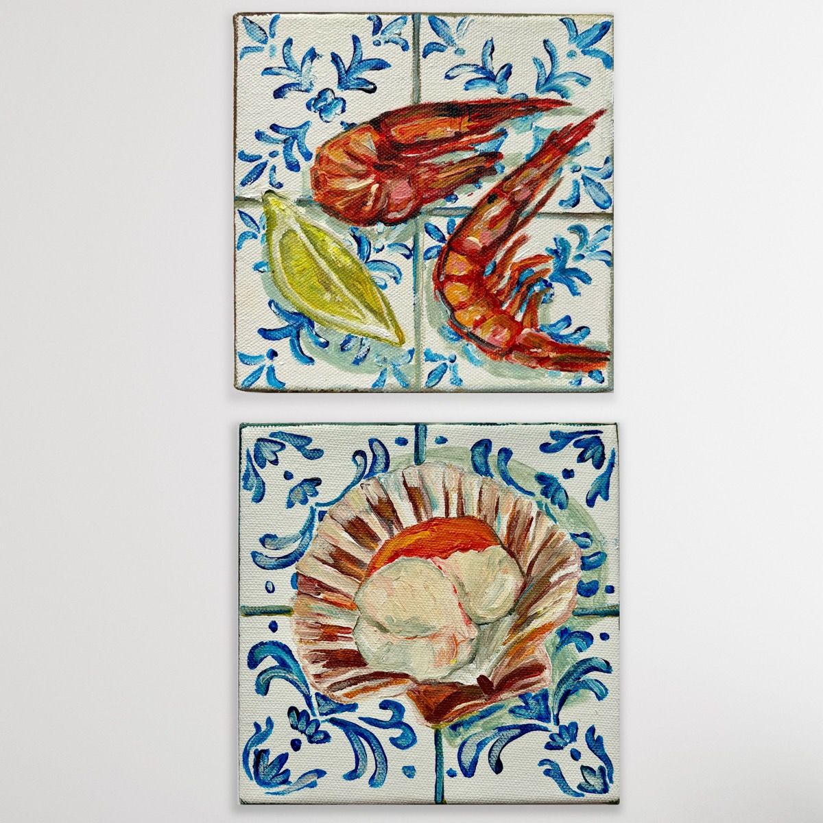 Two Prawns & Lemon Wedge and Scallop on Tiles diptych by Pippa Smith
