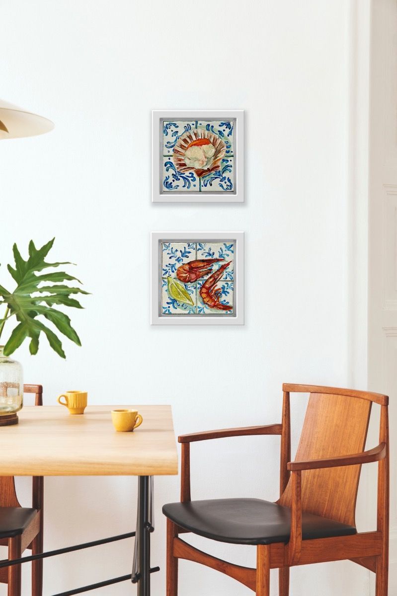 Two Prawns & Lemon Wedge and Scallop on Tiles diptych by Pippa Smith - Secondary Image