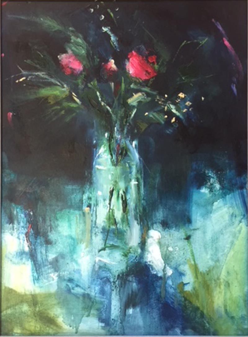 Three red roses in a glass jar by Jemma Powell