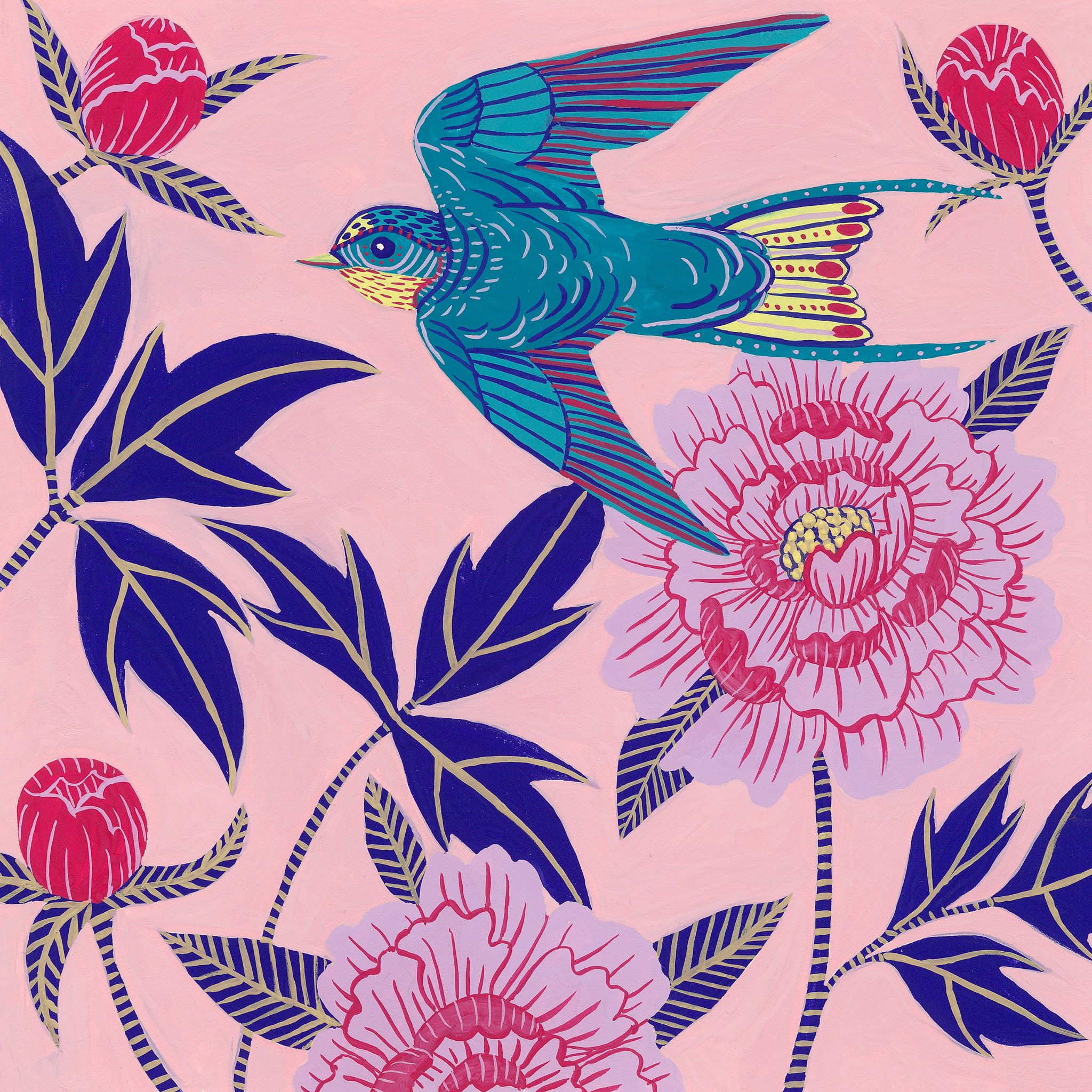 A Swallow in Peonies by Jenny Evans