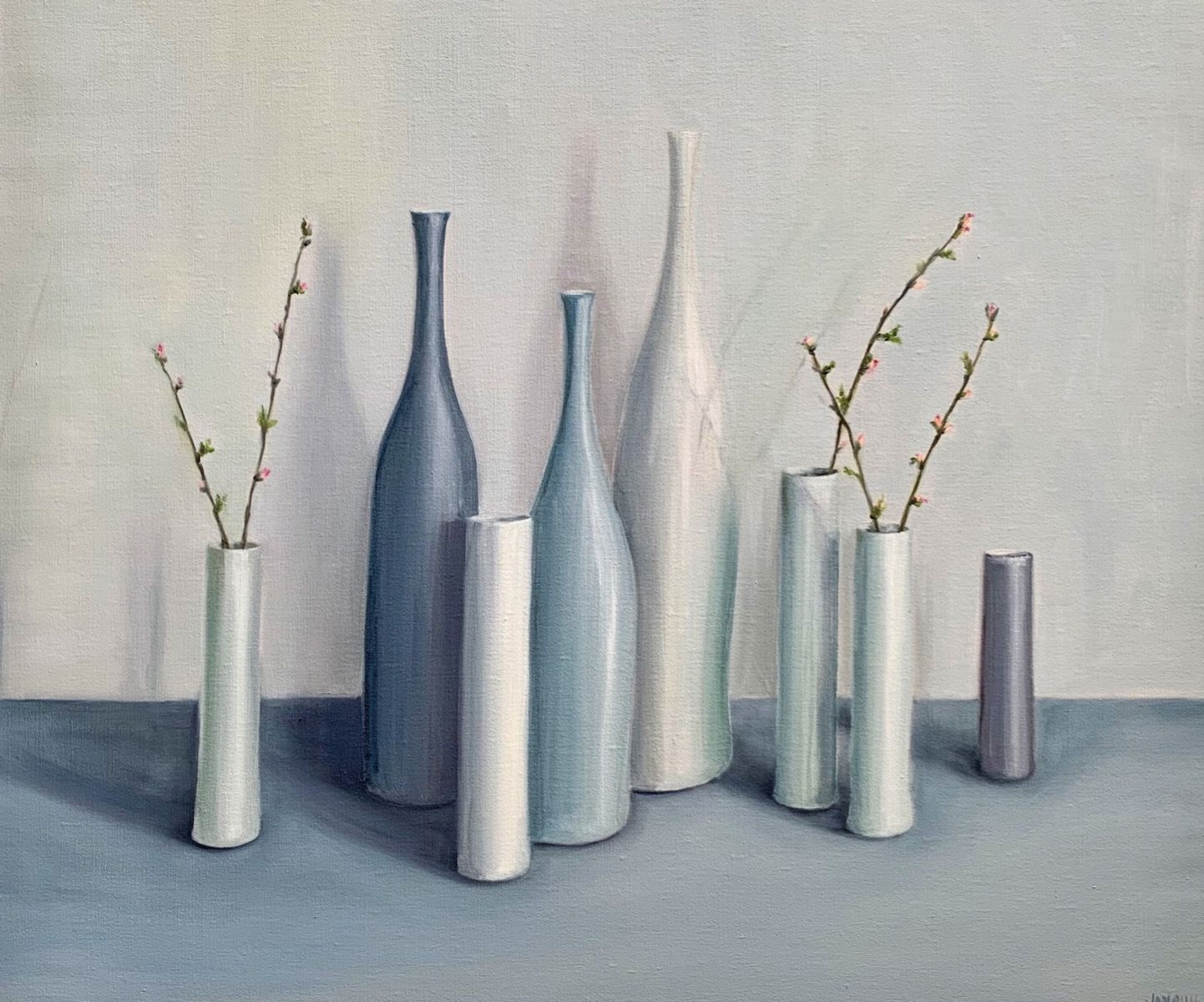 Bottles and cylinders with cherry blossom twigs by Jonquil Williamson