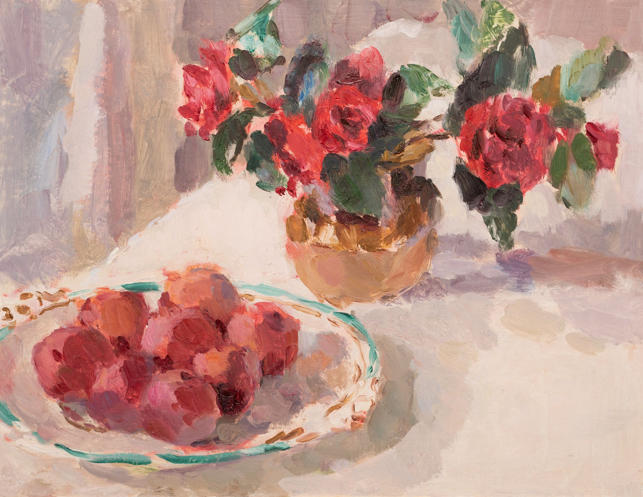 Camellias and a Dish of Plums by Lynne Cartlidge