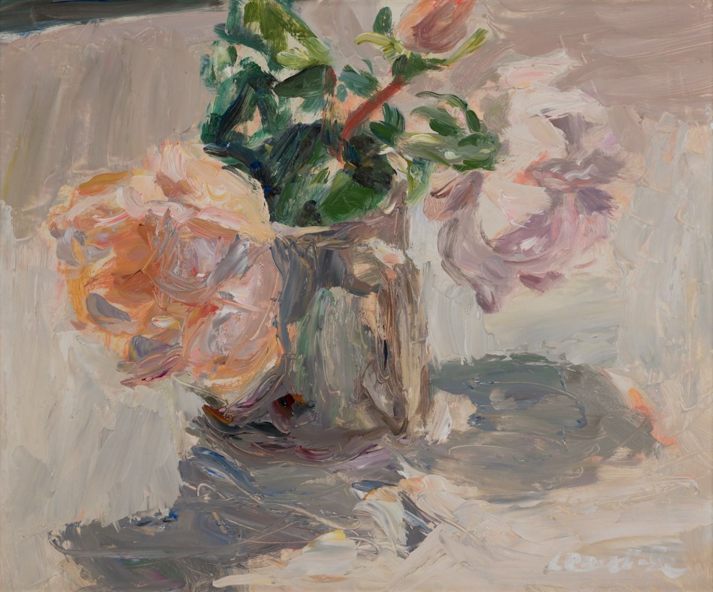 Roses in a silver tankard by Lynne Cartlidge