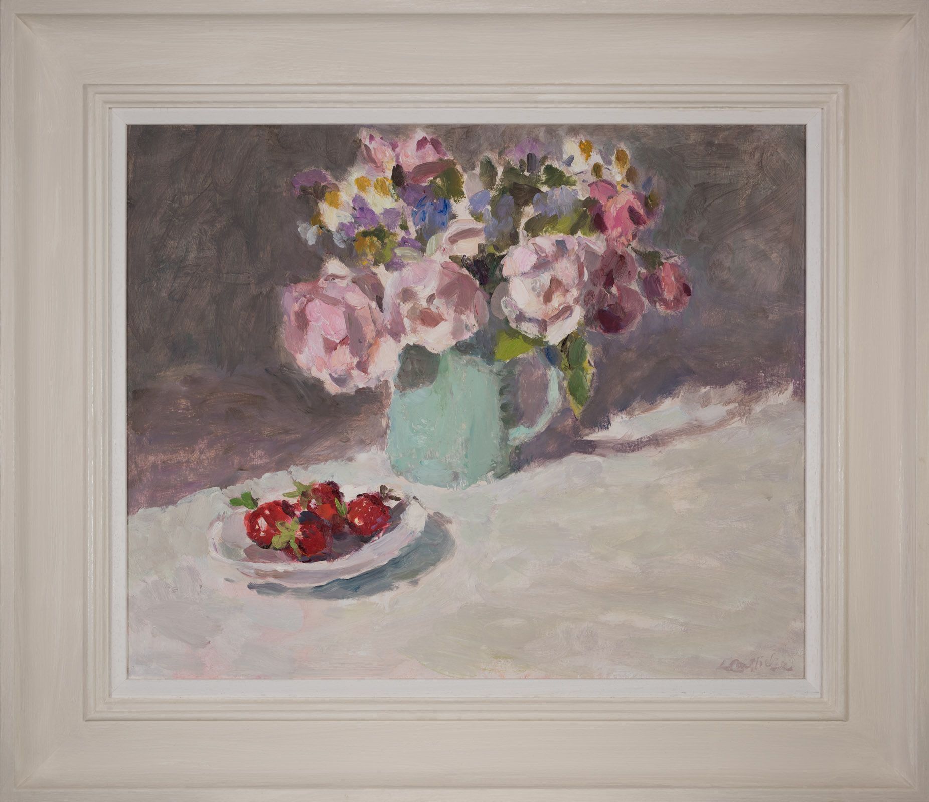 Roses in Blue Jug with Strawberries by Lynne Cartlidge