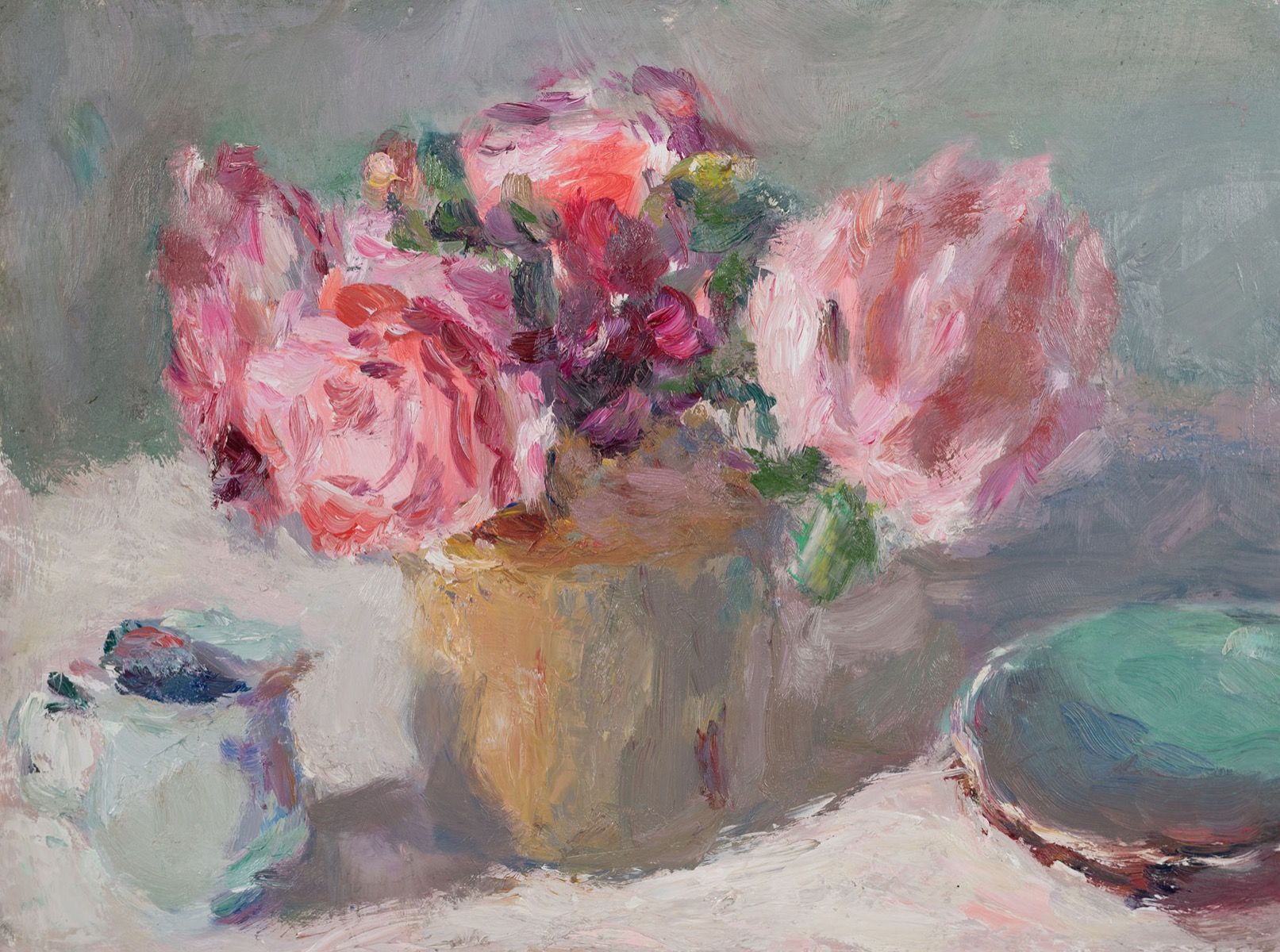 Roses With Blue Jug And Turquoise Bowl by Lynne Cartlidge