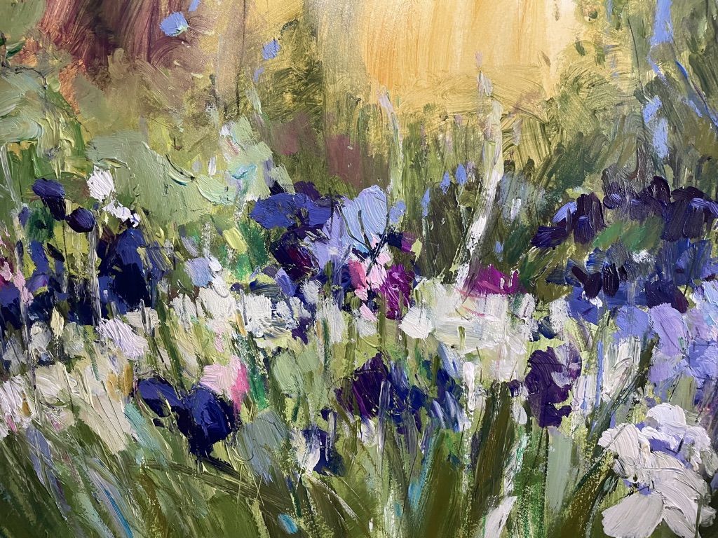 Summer evening in the garden with irises by Natalie Bird