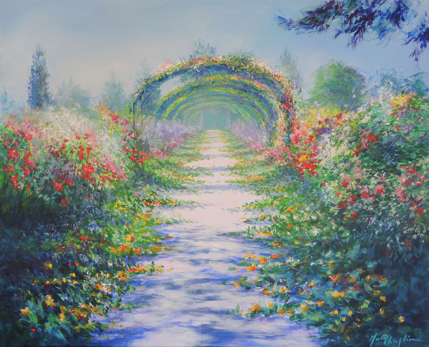 Along the nasturtium path in Monet's gardens in Giverny by Mary Chaplin
