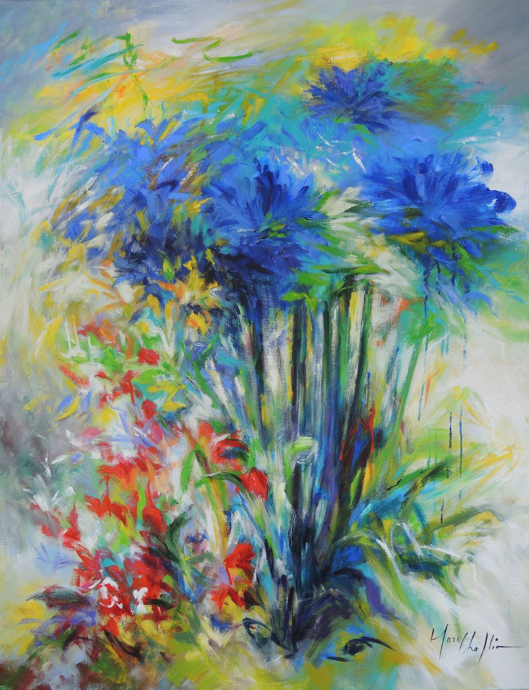 Blue agapanthus and crocosmias by Mary Chaplin