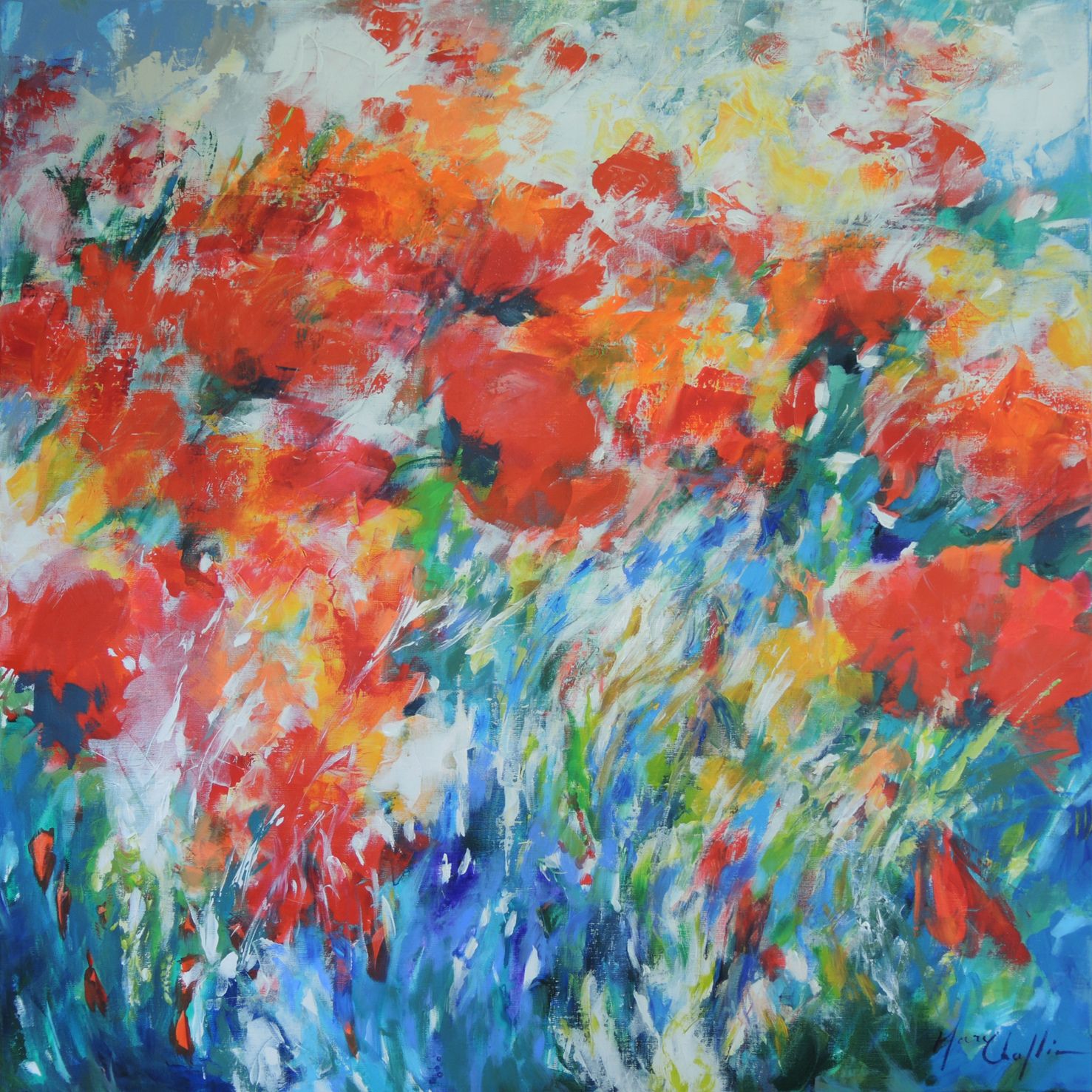Oriental poppies in the summer wind by Mary Chaplin