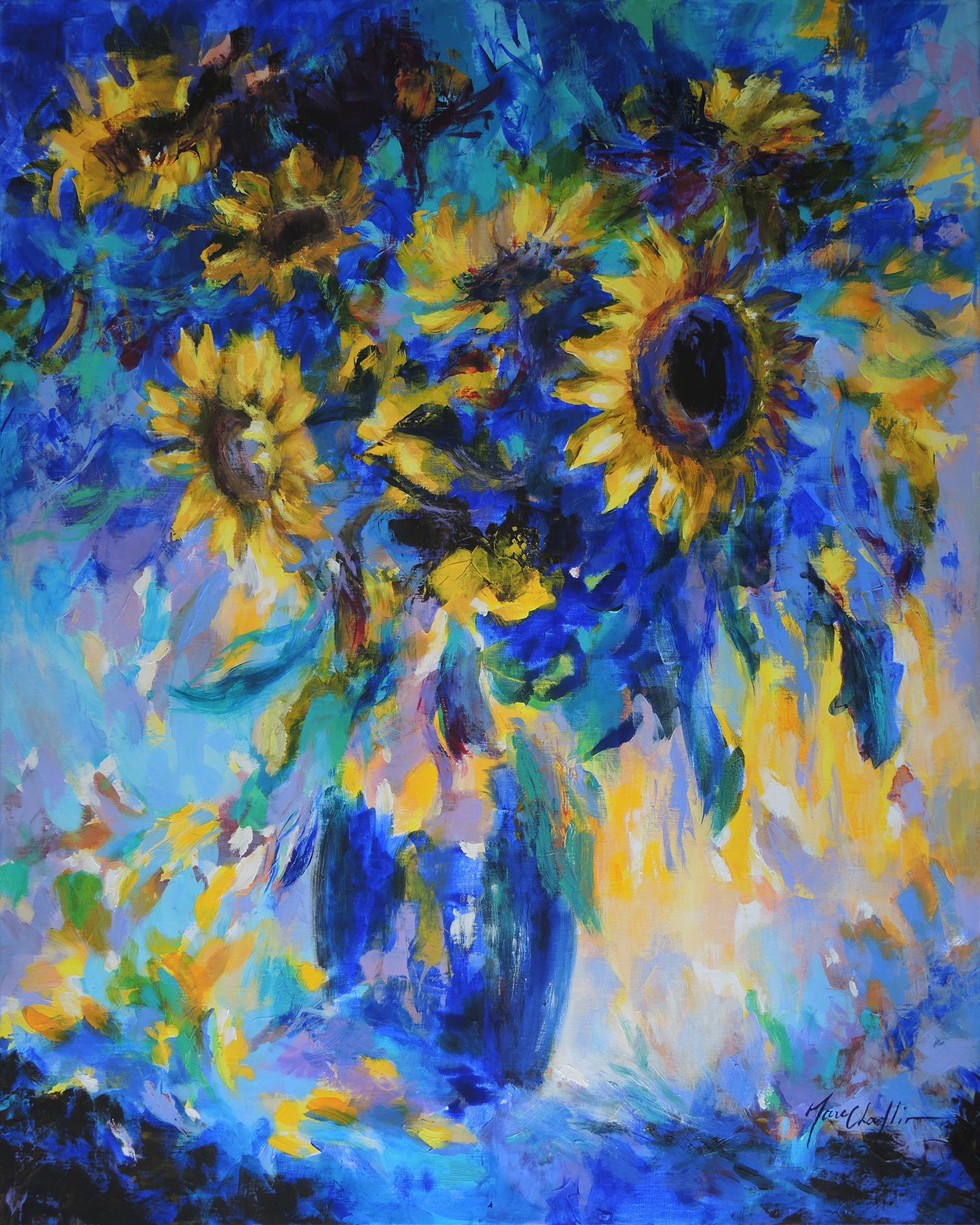 Sun flowers in blue, tribute to Vincent Van Gogh by Mary Chaplin