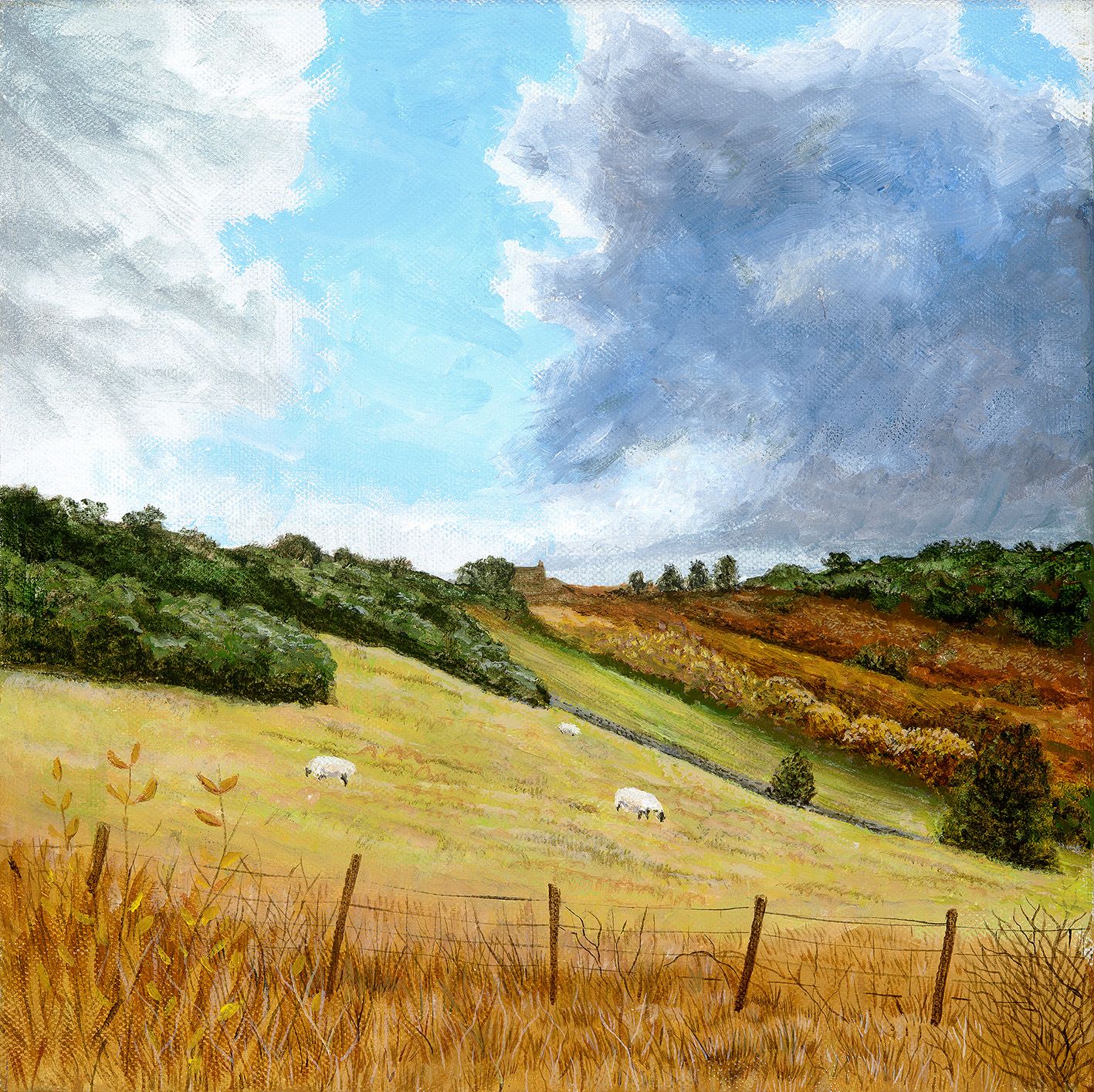 Gathering clouds over meadow by Jane Peart
