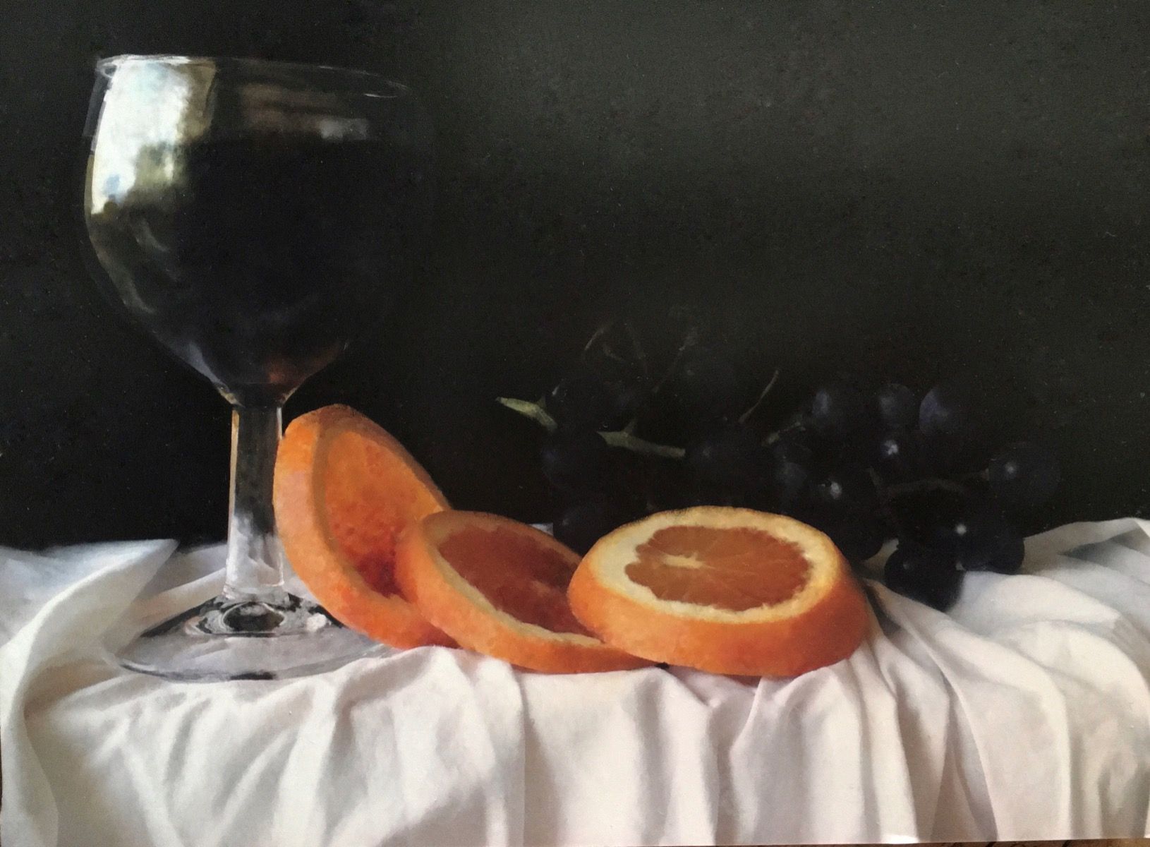 Grapes, wine with blood orange and white bowl by Kate Verrion
