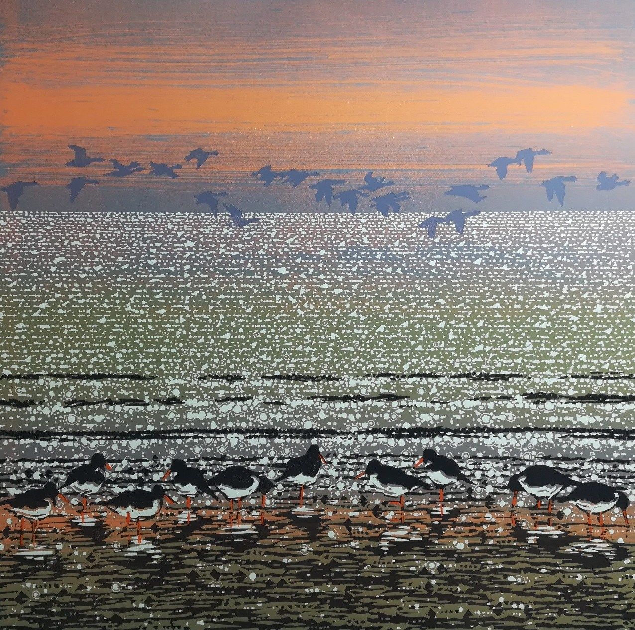 Oyster Catchers with Geese by Mark A Pearce