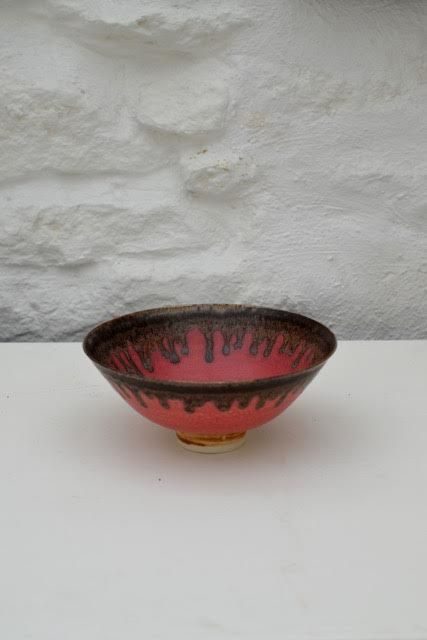 Matte pink, bronze rimmed bowl by Peter Wills