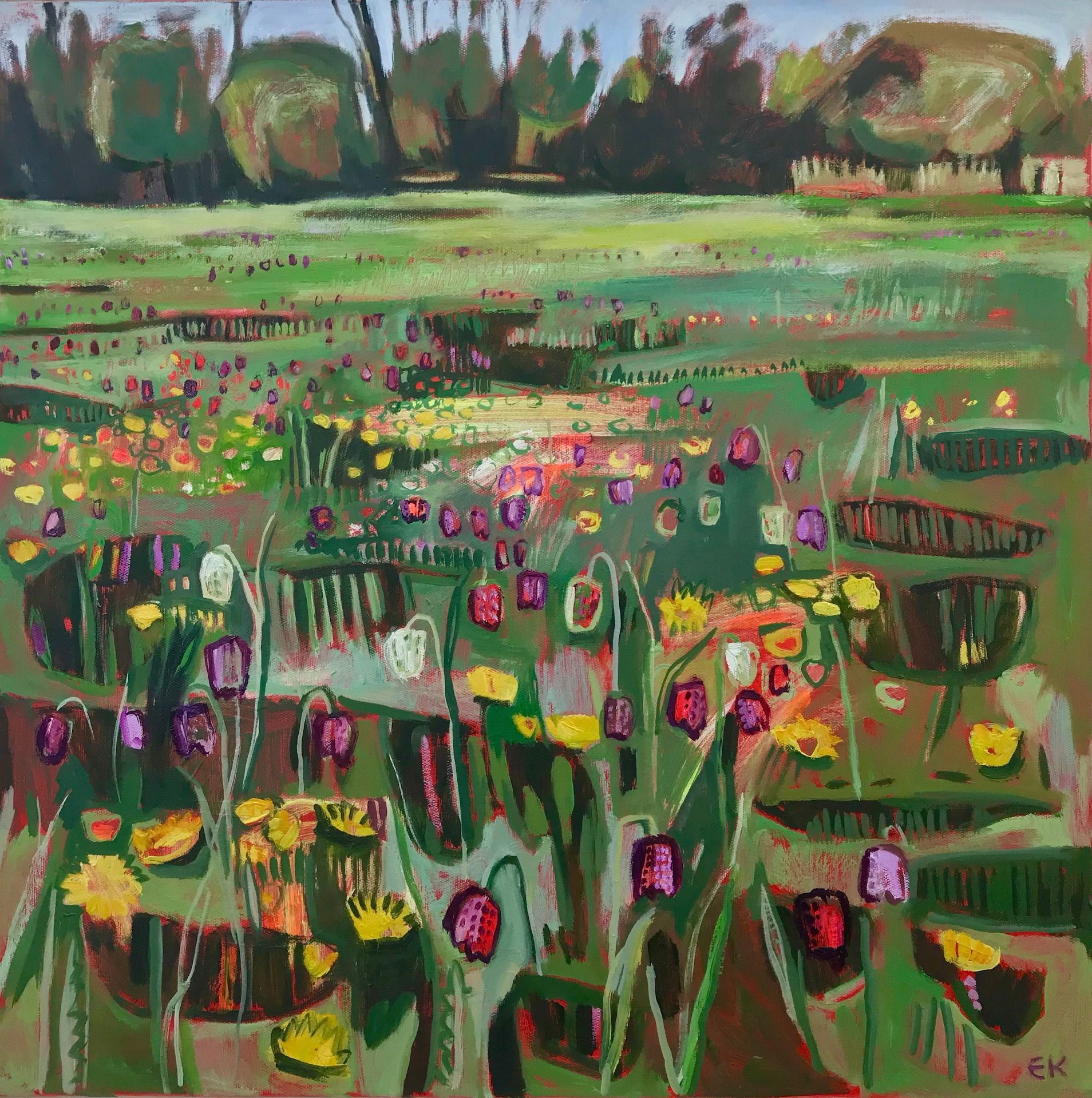 Spring Fritillaries and Dandelions on Iffley Meadows by Elaine Kazimierczuk