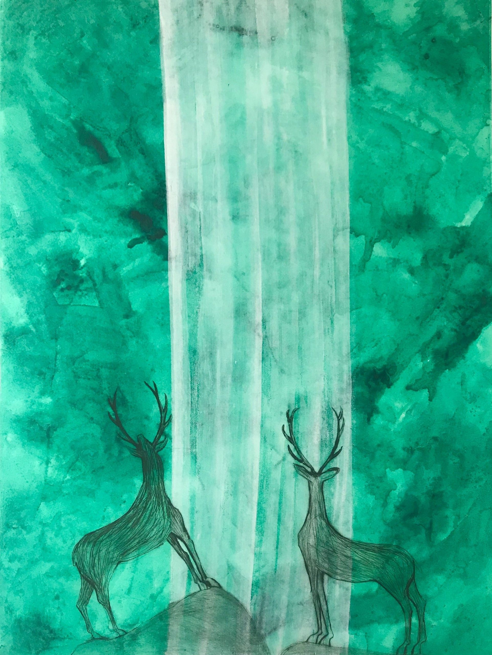 Stags Admiring a Waterfall by Kate Boxer