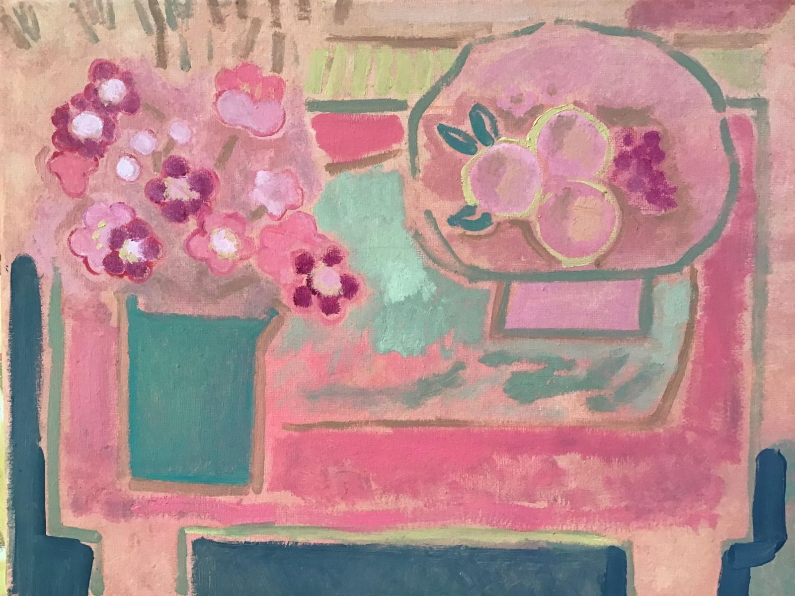Pink Still life with grapes, blossom and quince by Jane Courquin